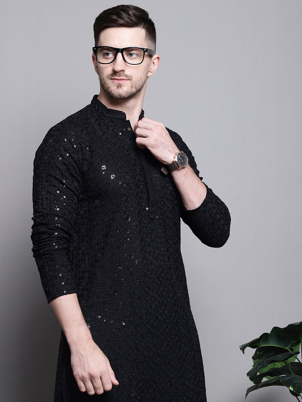 Jompers Men's Sequin Embroidered Pure Cotton Kurta - Black | Grocsy