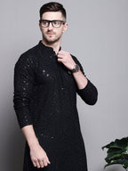 Jompers Men's Sequin Embroidered Pure Cotton Kurta - Black | Grocsy
