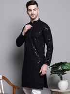 Jompers Men's Sequin Embroidered Pure Cotton Kurta - Black | Grocsy