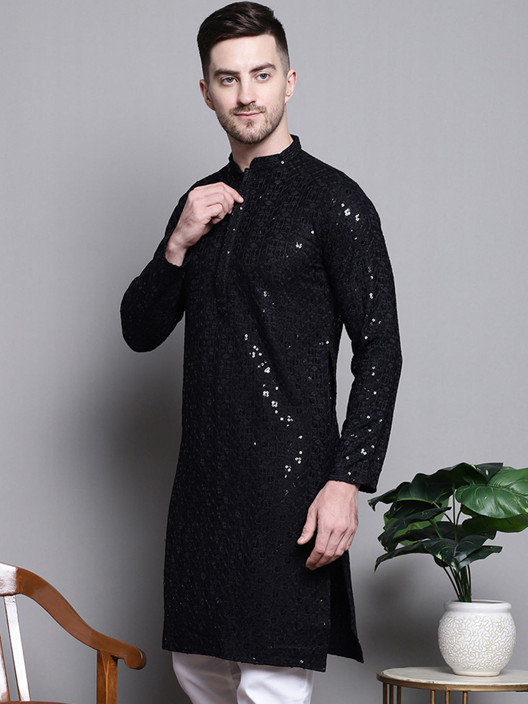 Jompers Men's Sequin Embroidered Pure Cotton Kurta - Black | Grocsy