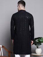 Jompers Men's Sequin Embroidered Pure Cotton Kurta - Black | Grocsy