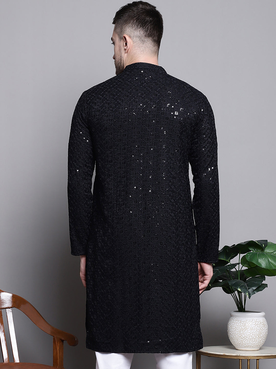 Jompers Men's Sequin Embroidered Pure Cotton Kurta - Black | Grocsy