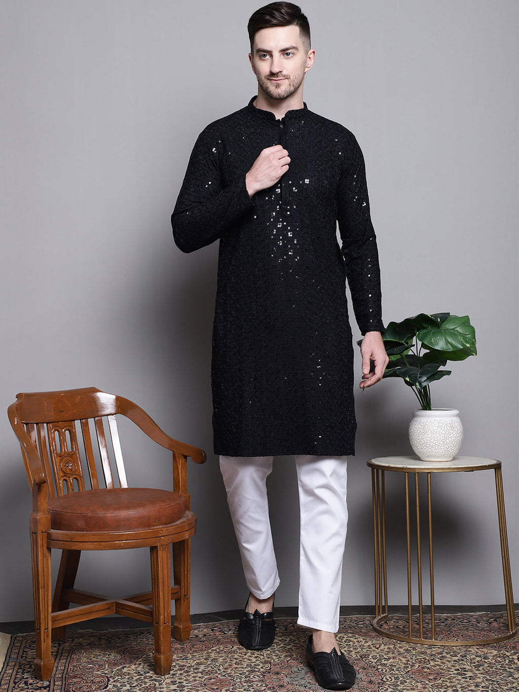 Jompers Men's Sequin Embroidered Pure Cotton Kurta - Black | Grocsy
