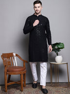 Jompers Men's Sequin Embroidered Pure Cotton Kurta - Black | Grocsy