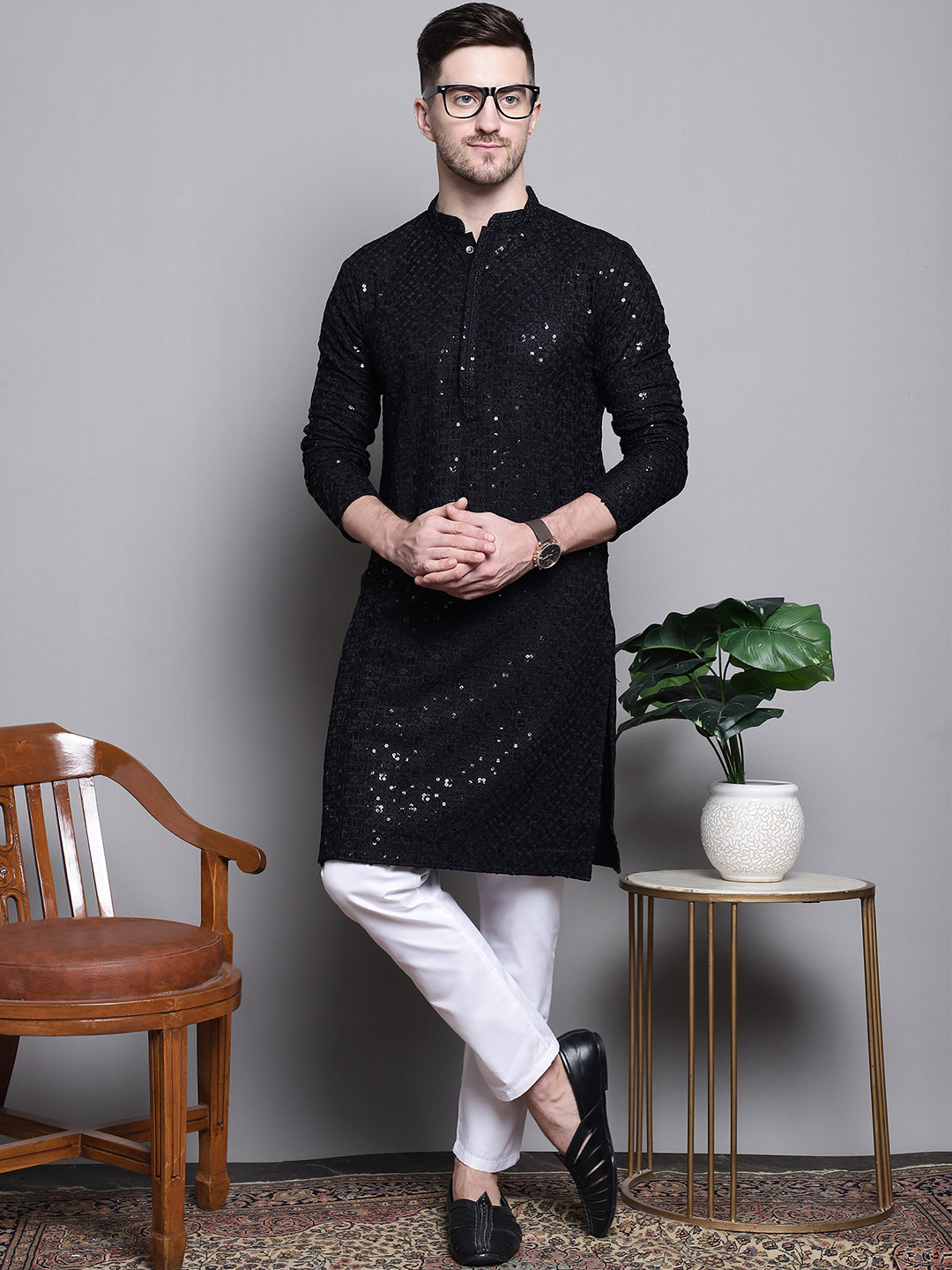 Jompers Men's Sequin Embroidered Pure Cotton Kurta - Black | Grocsy
