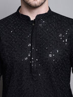 Jompers Men's Sequin Embroidered Pure Cotton Kurta - Black | Grocsy