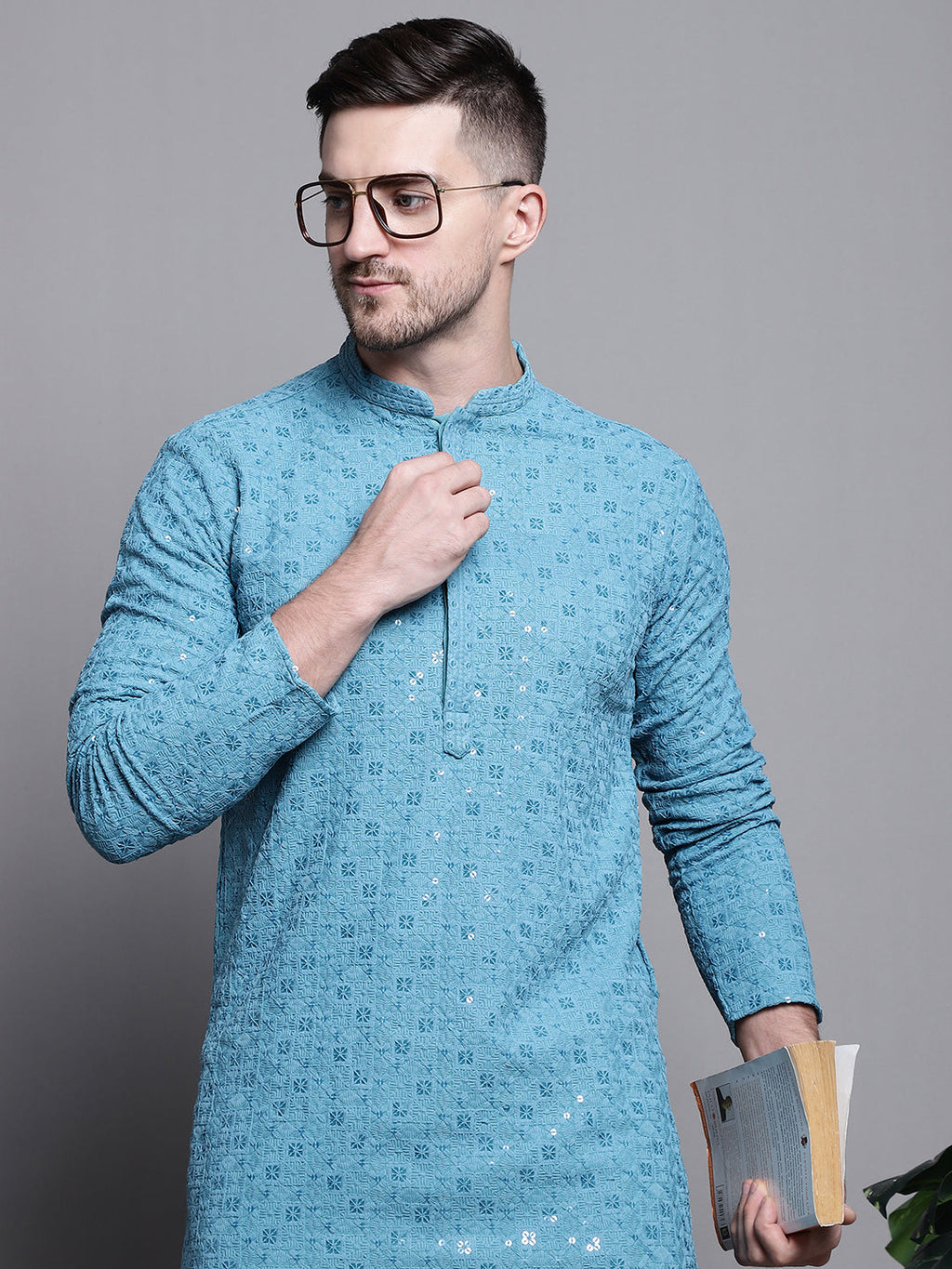 Jompers Men's Sequin Embroidered Pure Cotton Kurta - Blue | Grocsy