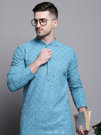 Jompers Men's Sequin Embroidered Pure Cotton Kurta - Blue | Grocsy