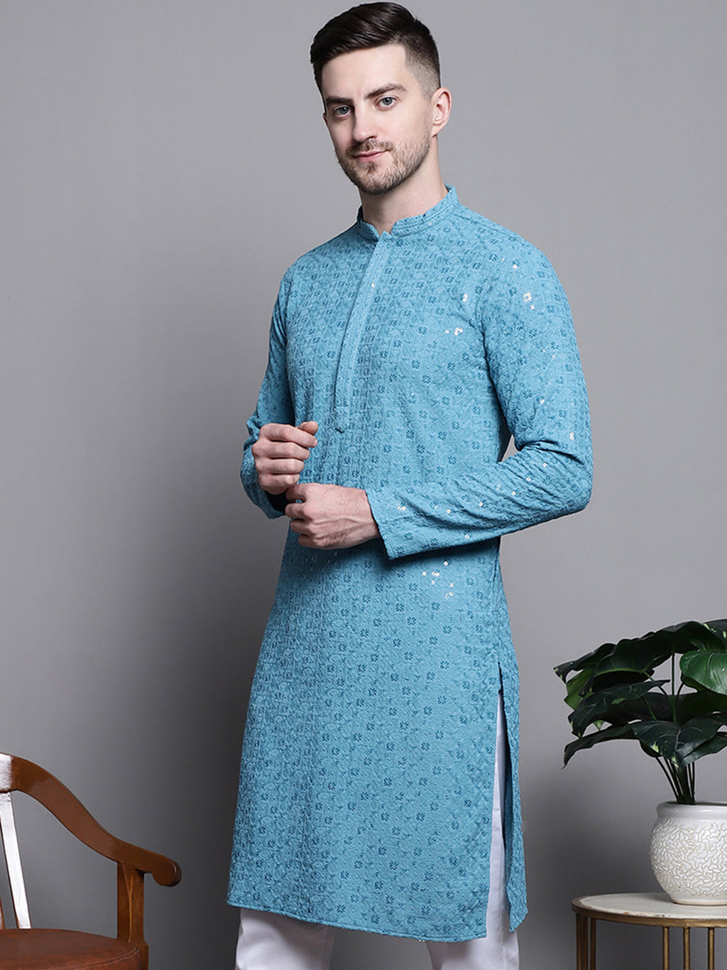 Jompers Men's Sequin Embroidered Pure Cotton Kurta - Blue | Grocsy
