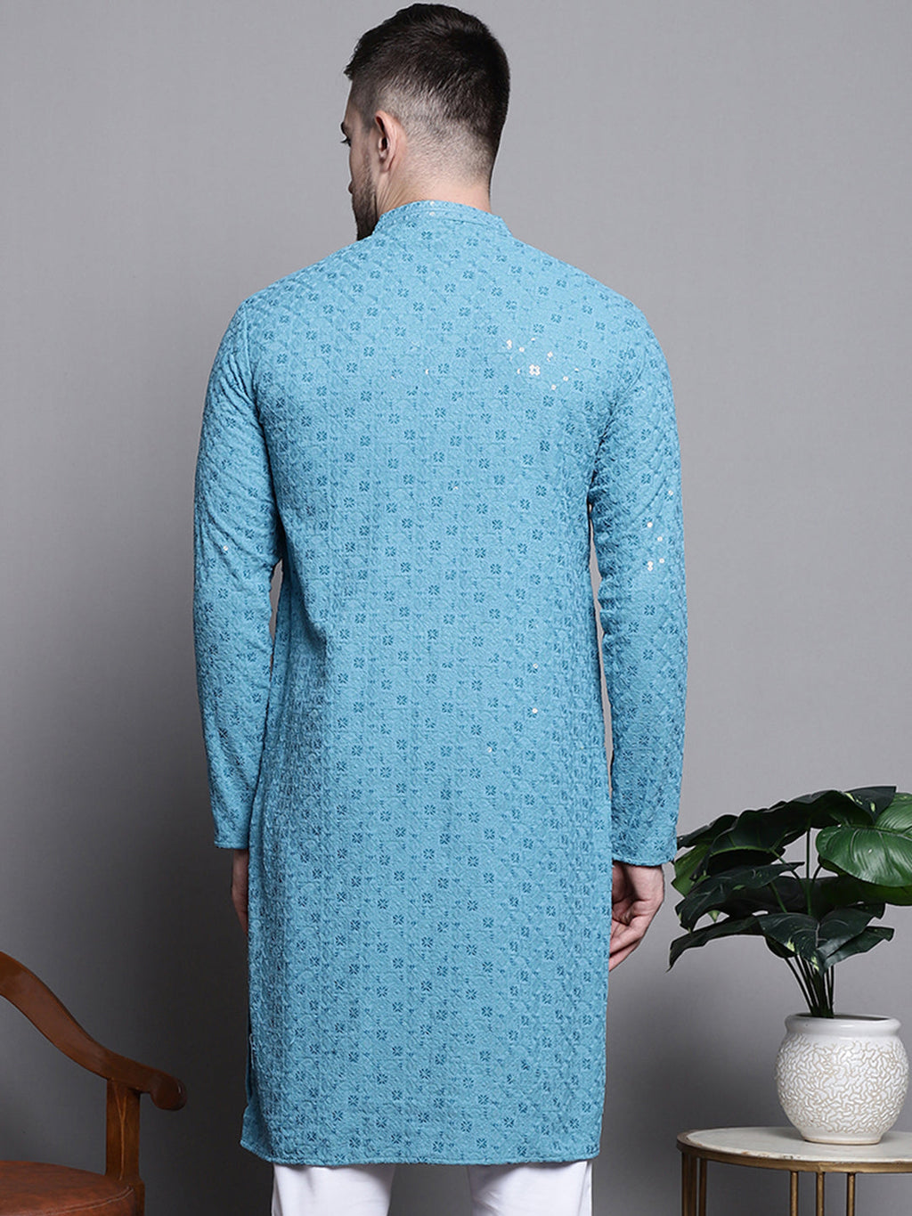 Jompers Men's Sequin Embroidered Pure Cotton Kurta - Blue | Grocsy