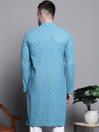 Jompers Men's Sequin Embroidered Pure Cotton Kurta - Blue | Grocsy