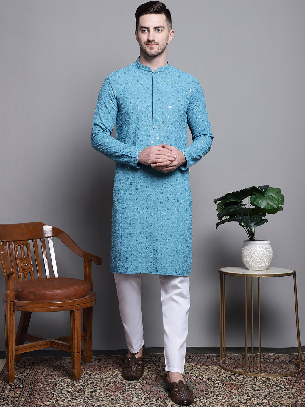 Jompers Men's Sequin Embroidered Pure Cotton Kurta - Blue | Grocsy
