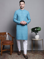 Jompers Men's Sequin Embroidered Pure Cotton Kurta - Blue | Grocsy