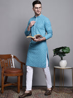 Jompers Men's Sequin Embroidered Pure Cotton Kurta - Blue | Grocsy