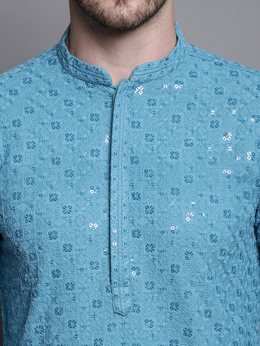Jompers Men's Sequin Embroidered Pure Cotton Kurta - Blue | Grocsy