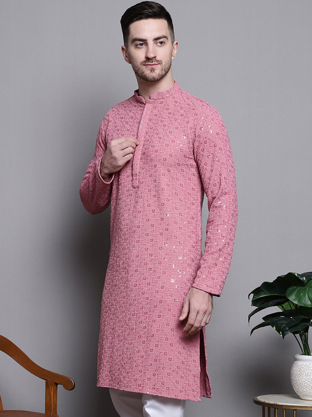 Jompers Men's Sequin Embroidered Pure Cotton Kurta - Coral | Grocsy