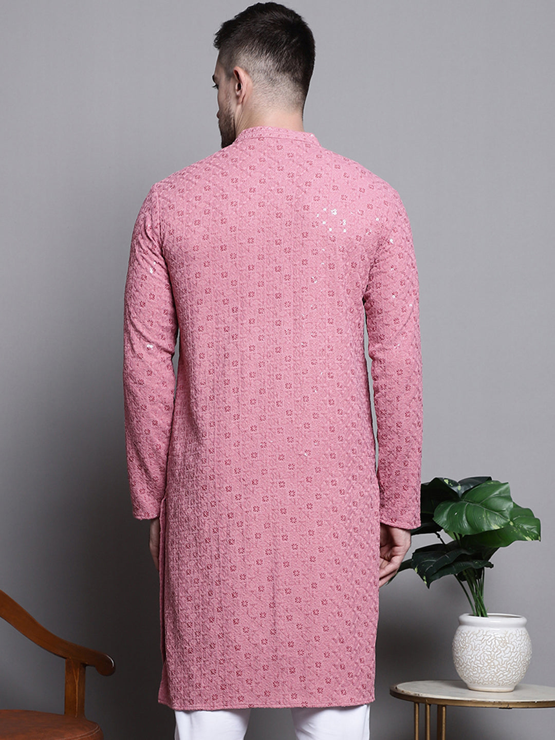 Jompers Men's Sequin Embroidered Pure Cotton Kurta - Coral | Grocsy