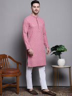Jompers Men's Sequin Embroidered Pure Cotton Kurta - Coral | Grocsy