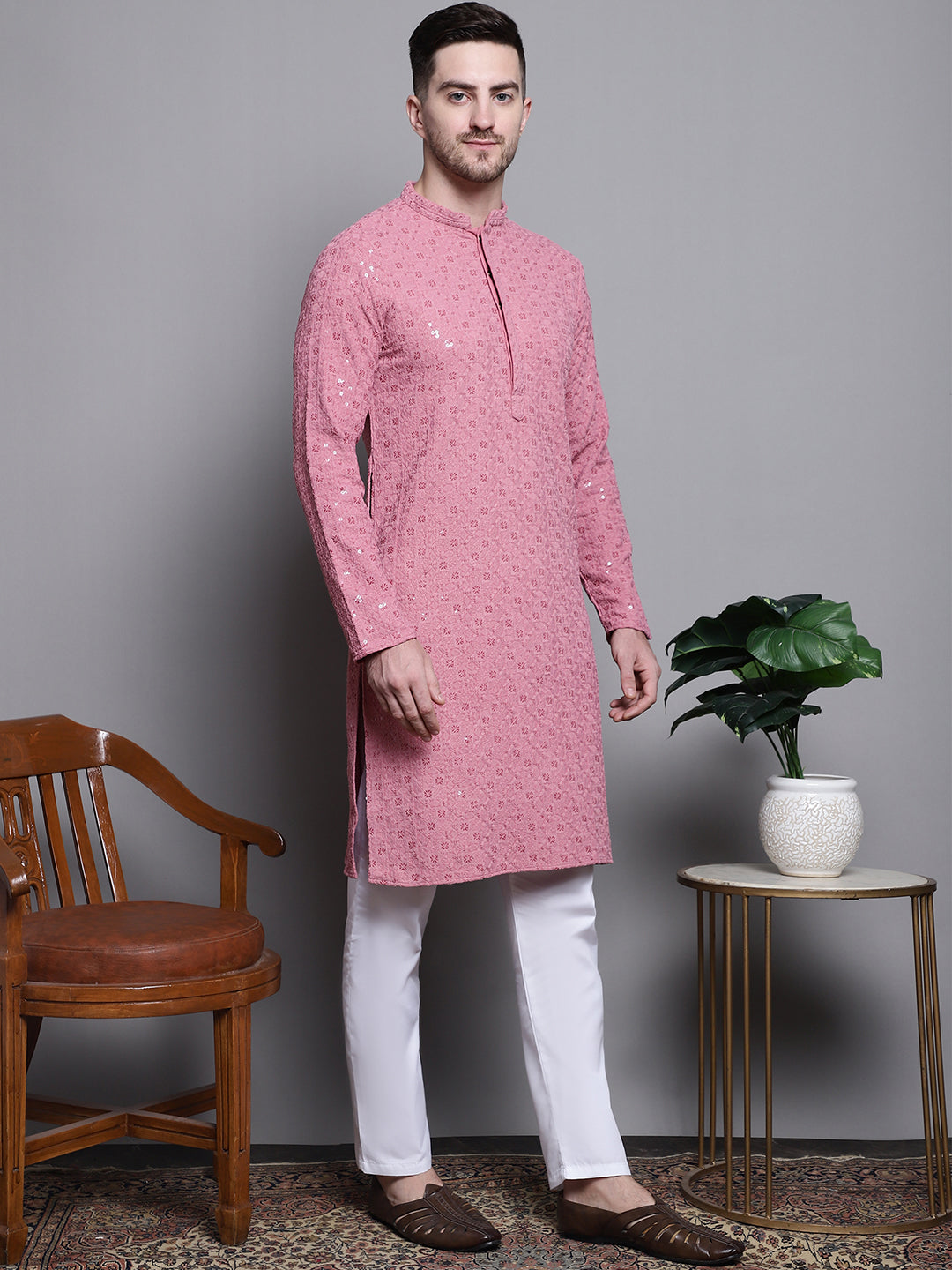 Jompers Men's Sequin Embroidered Pure Cotton Kurta - Coral | Grocsy