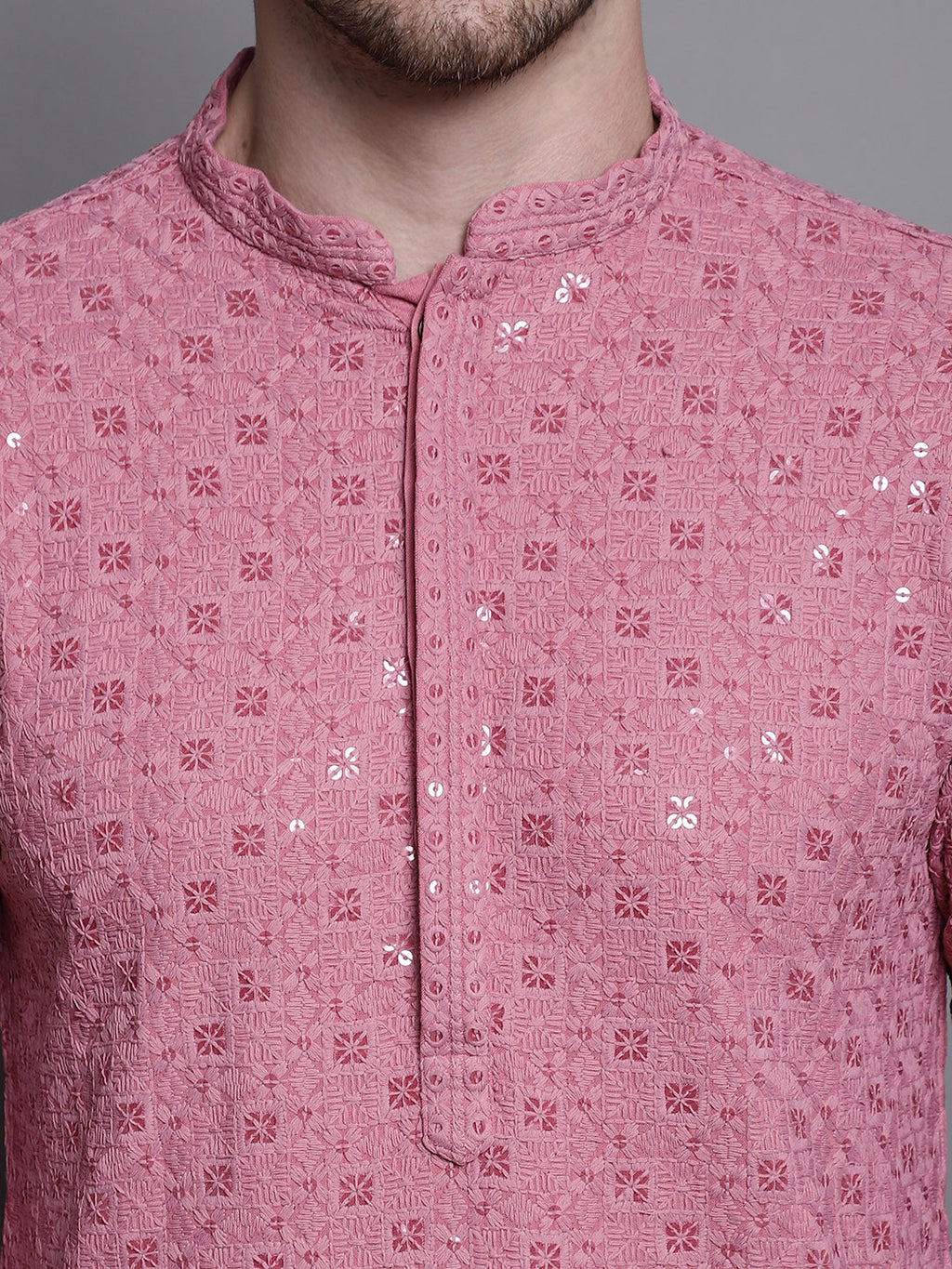 Jompers Men's Sequin Embroidered Pure Cotton Kurta - Coral | Grocsy