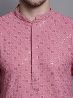 Jompers Men's Sequin Embroidered Pure Cotton Kurta - Coral | Grocsy