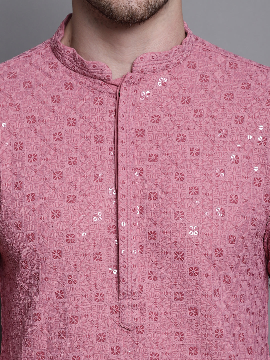 Jompers Men's Sequin Embroidered Pure Cotton Kurta - Coral | Grocsy