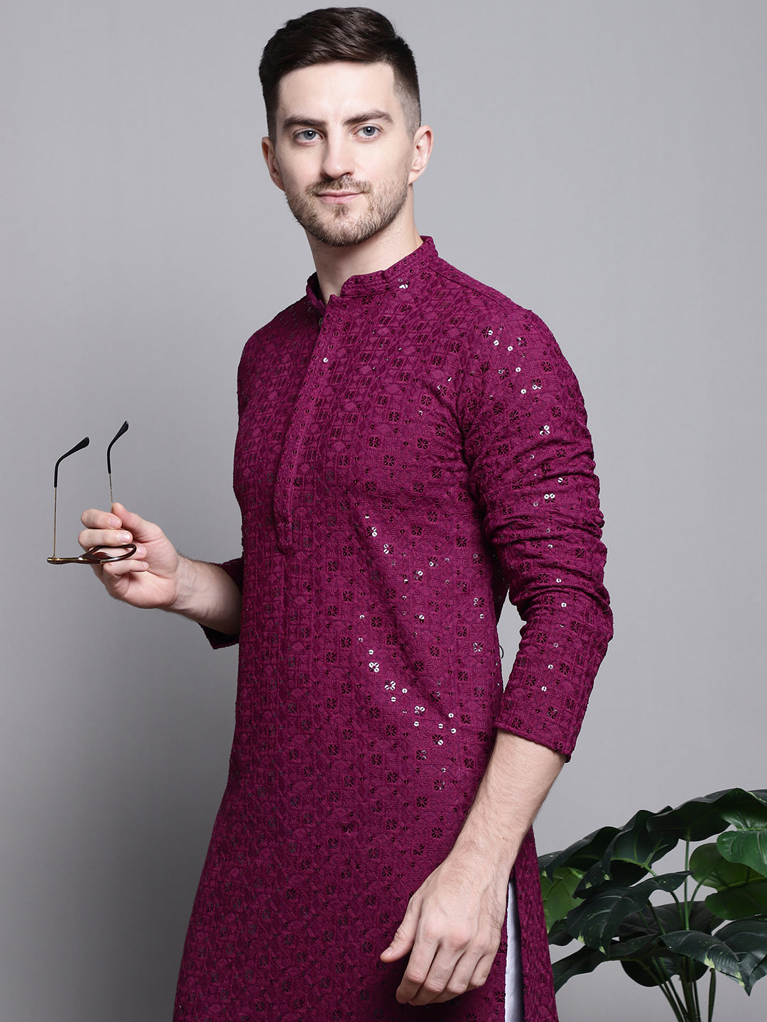 Jompers Men's Sequin Embroidered Pure Cotton Kurta - Purple | Grocsy