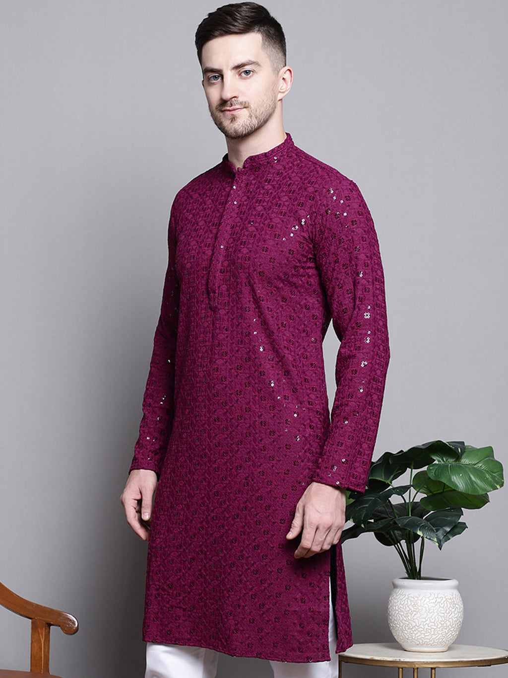 Jompers Men's Sequin Embroidered Pure Cotton Kurta - Purple | Grocsy