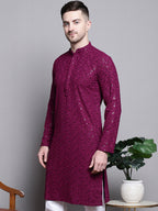 Jompers Men's Sequin Embroidered Pure Cotton Kurta - Purple | Grocsy