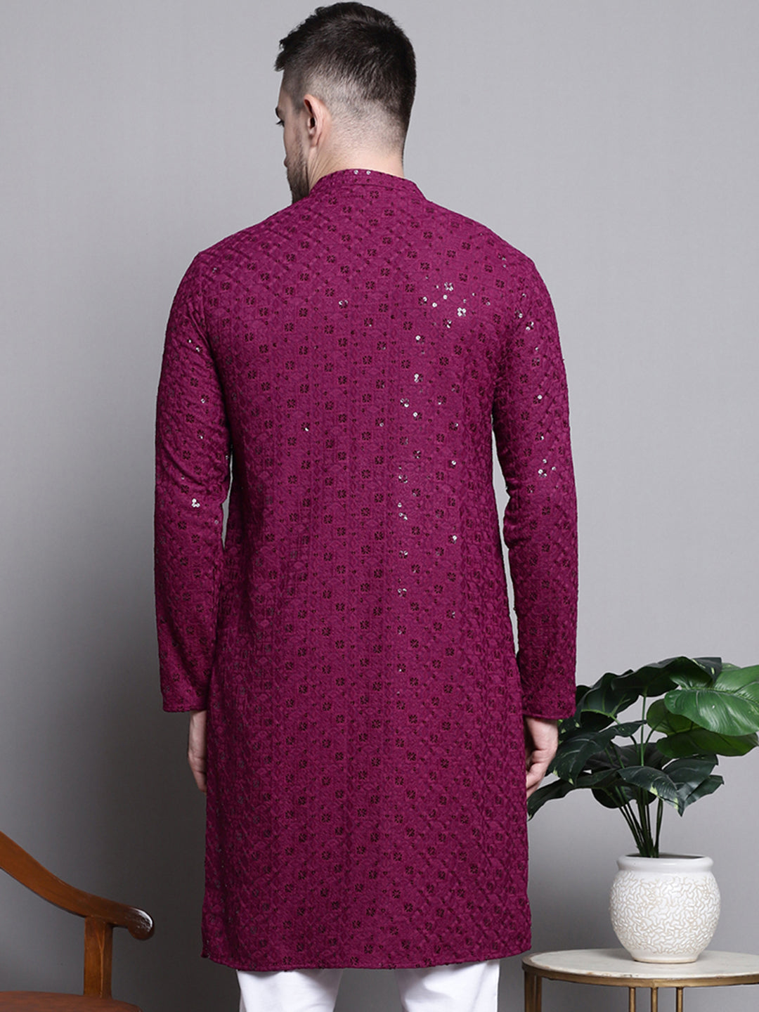 Jompers Men's Sequin Embroidered Pure Cotton Kurta - Purple | Grocsy