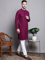 Jompers Men's Sequin Embroidered Pure Cotton Kurta - Purple | Grocsy
