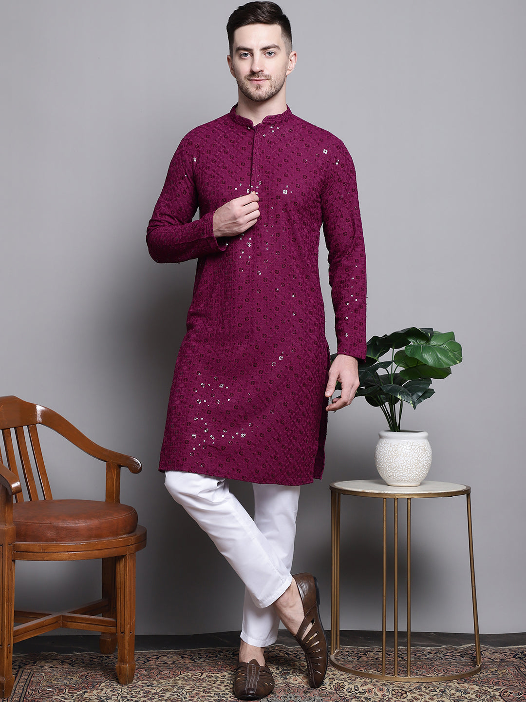 Jompers Men's Sequin Embroidered Pure Cotton Kurta - Purple | Grocsy