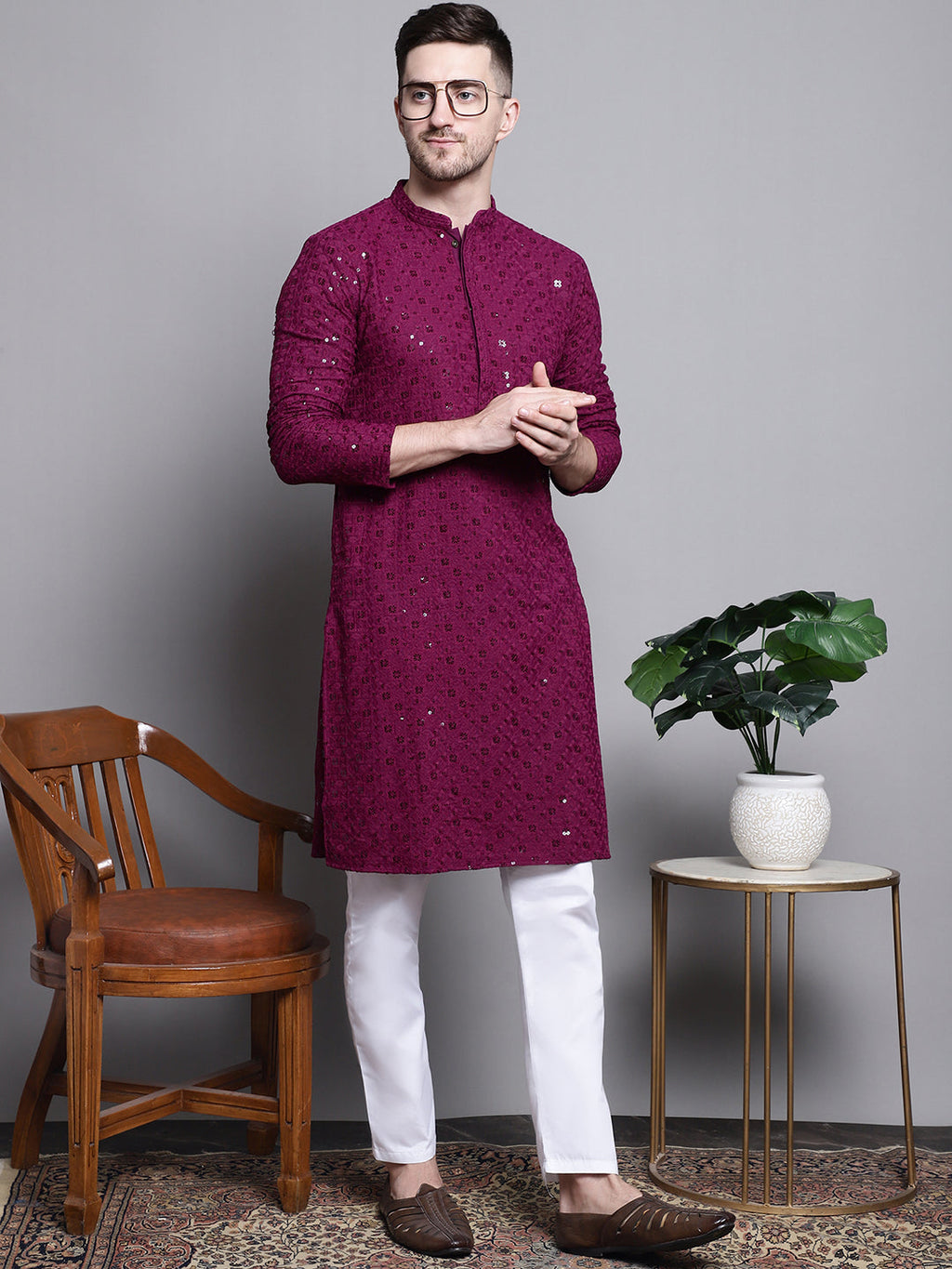 Jompers Men's Sequin Embroidered Pure Cotton Kurta - Purple | Grocsy