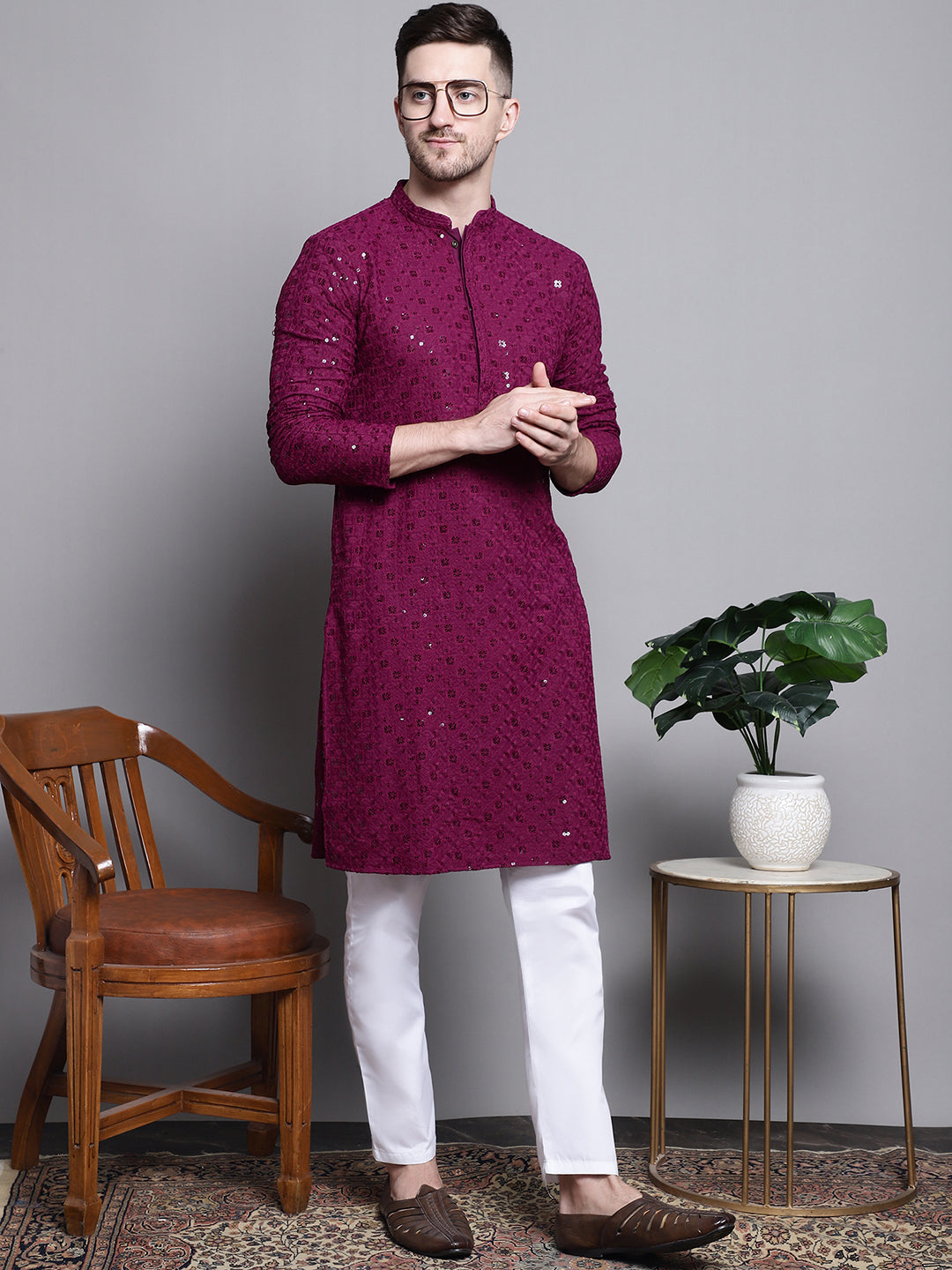 Jompers Men's Sequin Embroidered Pure Cotton Kurta - Purple | Grocsy