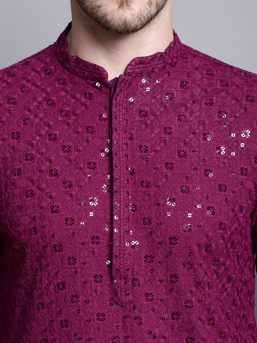 Jompers Men's Sequin Embroidered Pure Cotton Kurta - Purple | Grocsy