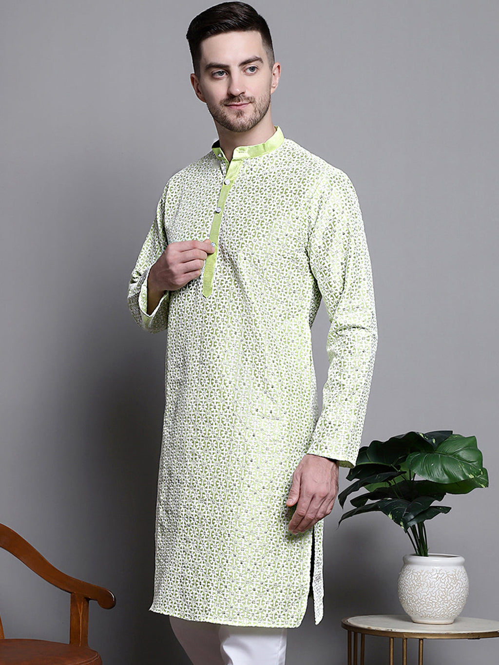 Jompers Men's Sequin Embroidered Silk Blend Kurta - Pista | Grocsy