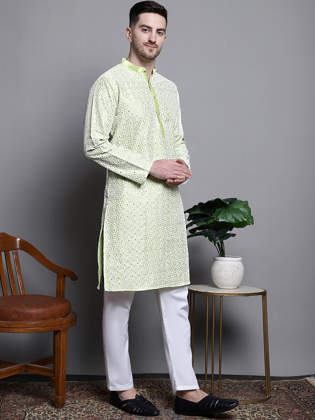 Jompers Men's Sequin Embroidered Silk Blend Kurta - Pista | Grocsy