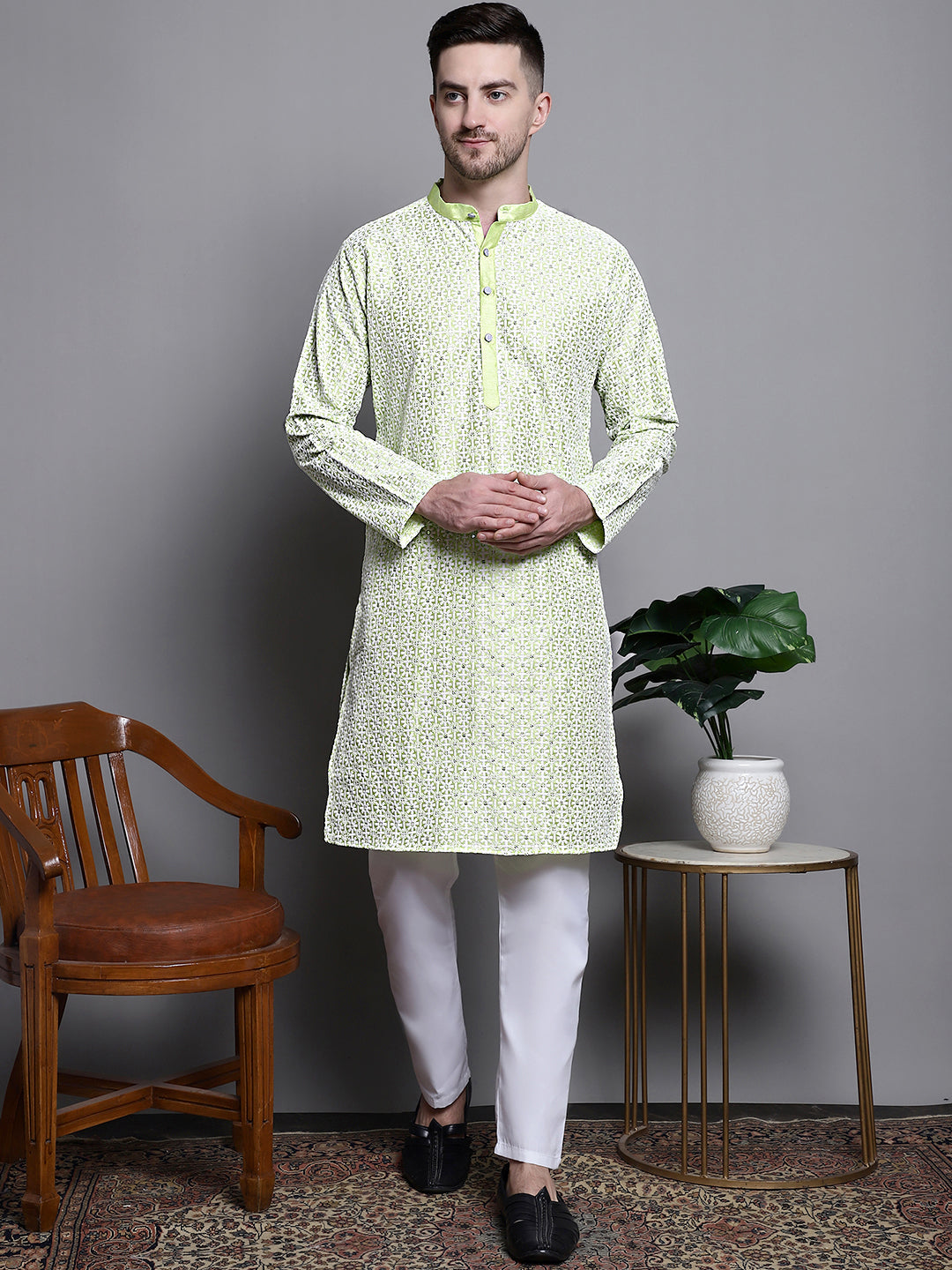 Jompers Men's Sequin Embroidered Silk Blend Kurta - Pista | Grocsy