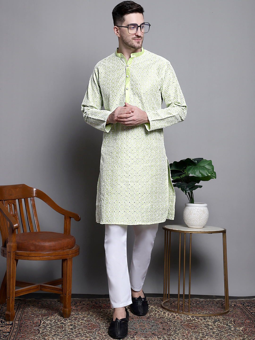 Jompers Men's Sequin Embroidered Silk Blend Kurta - Pista | Grocsy
