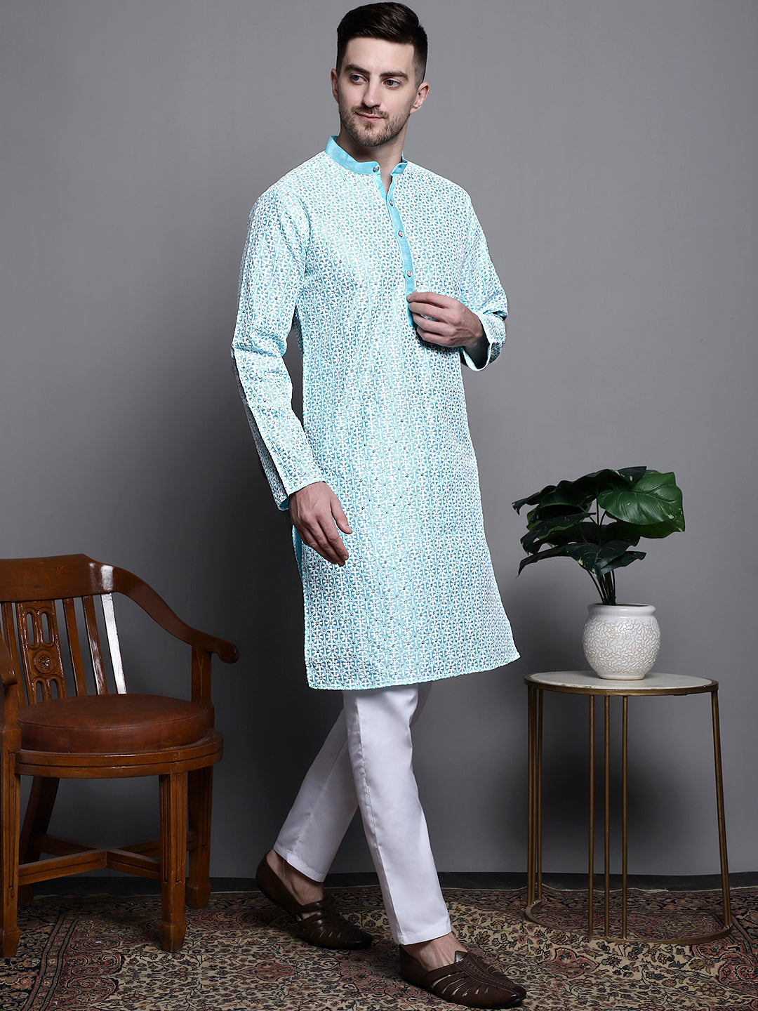 Jompers Men's Sequin Embroidered Silk Blend Kurta - Sky Blue | Grocsy