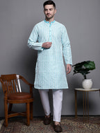 Jompers Men's Sequin Embroidered Silk Blend Kurta - Sky Blue | Grocsy