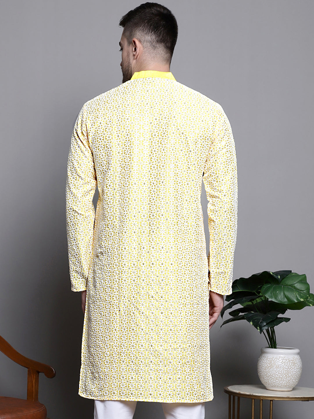 Jompers Men's Sequin Embroidered Silk Blend Kurta - Yellow | Grocsy