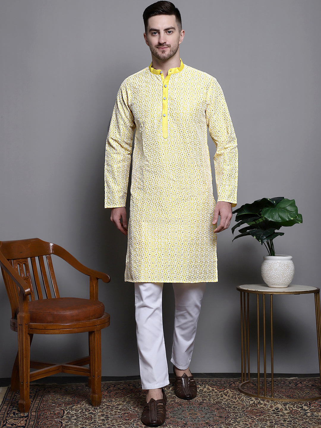Jompers Men's Sequin Embroidered Silk Blend Kurta - Yellow | Grocsy