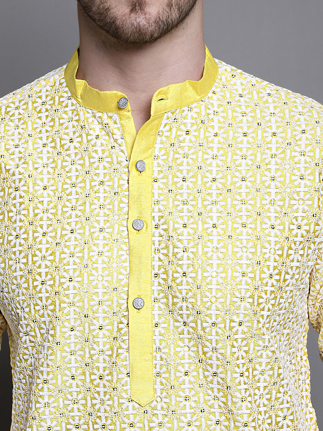 Jompers Men's Sequin Embroidered Silk Blend Kurta - Yellow | Grocsy