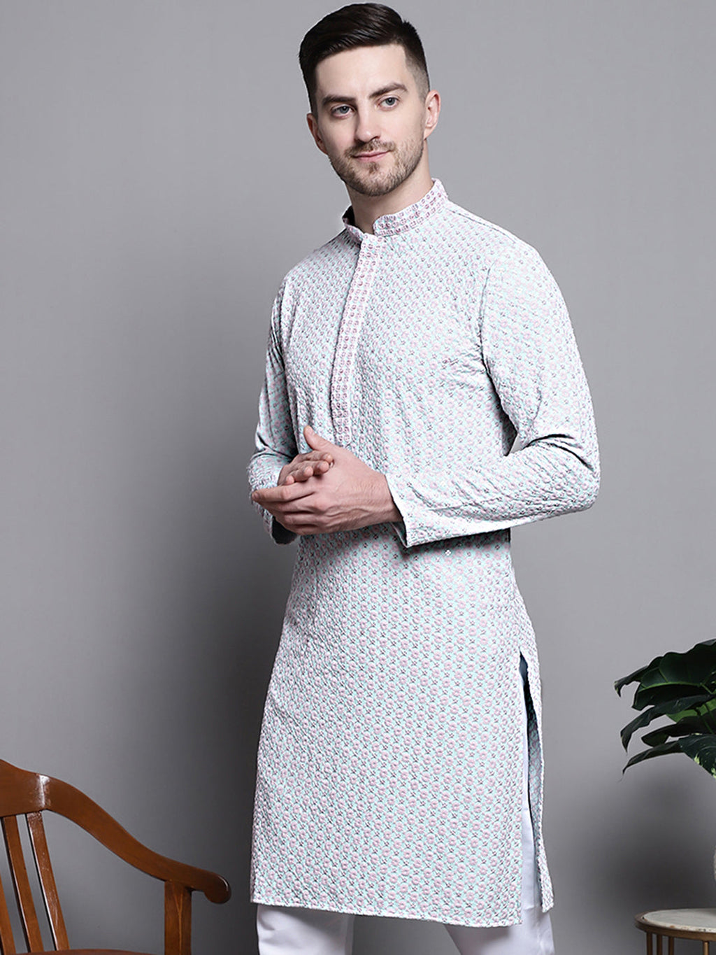 Jompers Men's Sequin Embroidered Pure Cotton Kurta - Blue | Grocsy