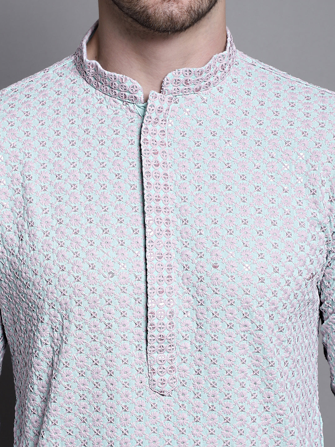 Jompers Men's Sequin Embroidered Pure Cotton Kurta - Blue | Grocsy