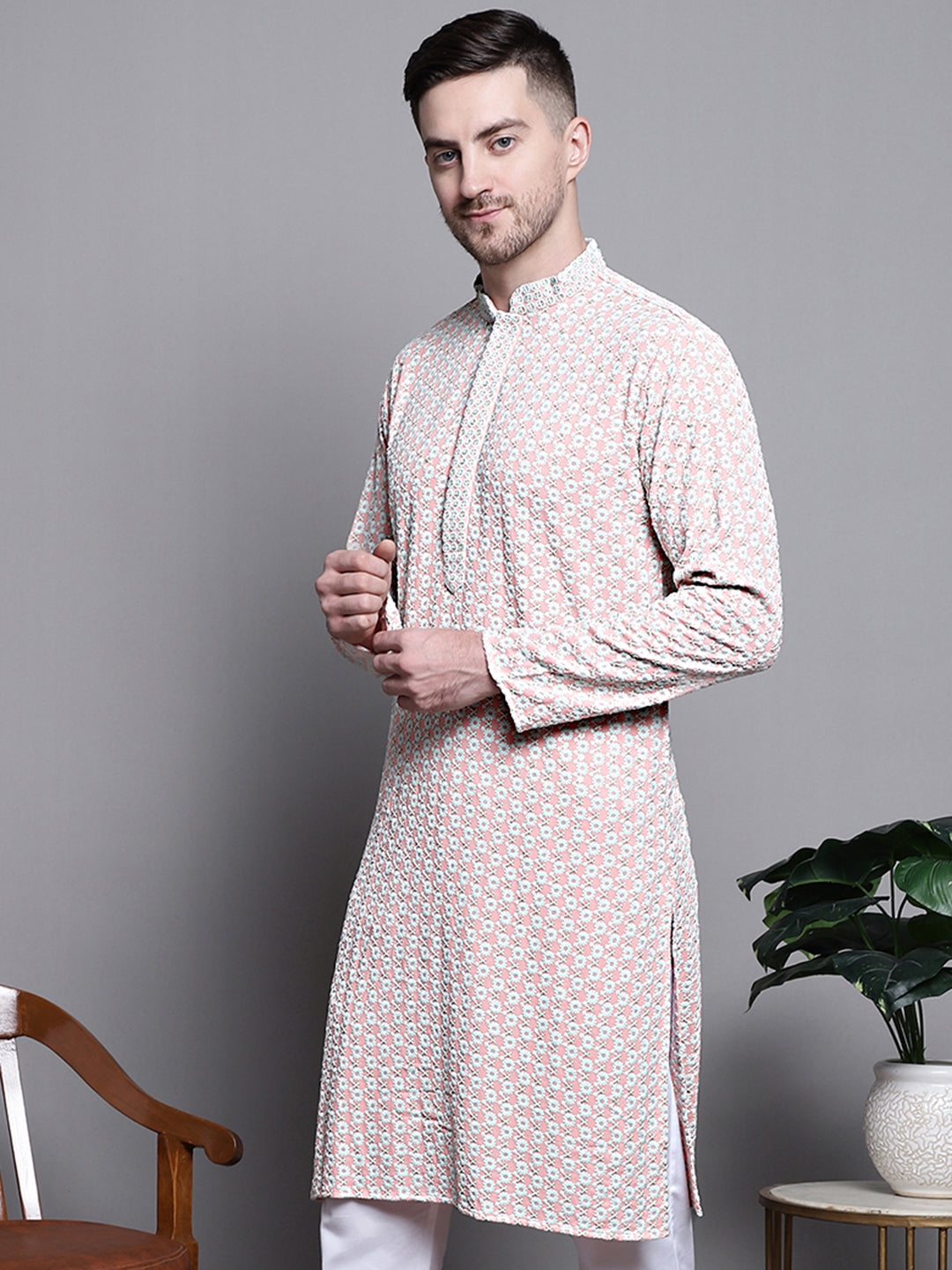 Jompers Men's Sequin Embroidered Pure Cotton Kurta - Peach | Grocsy