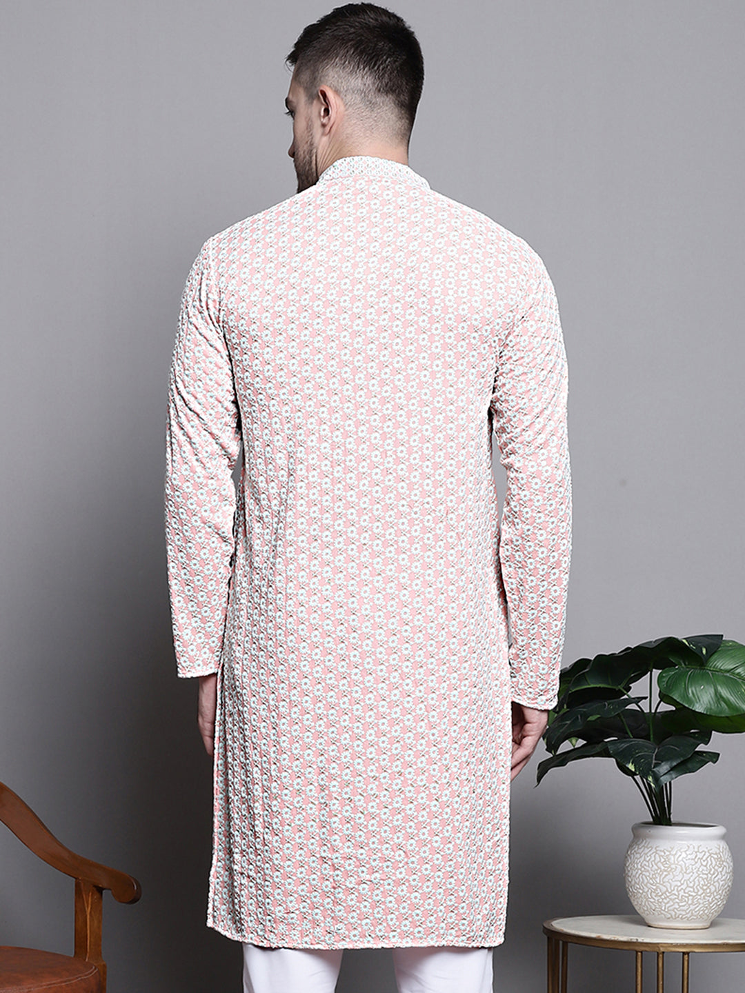 Jompers Men's Sequin Embroidered Pure Cotton Kurta - Peach | Grocsy