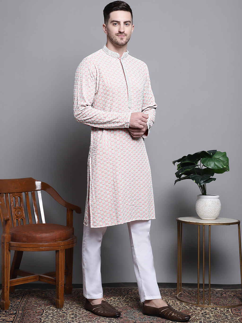 Jompers Men's Sequin Embroidered Pure Cotton Kurta - Peach | Grocsy