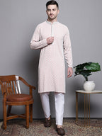 Jompers Men's Sequin Embroidered Pure Cotton Kurta - Peach | Grocsy